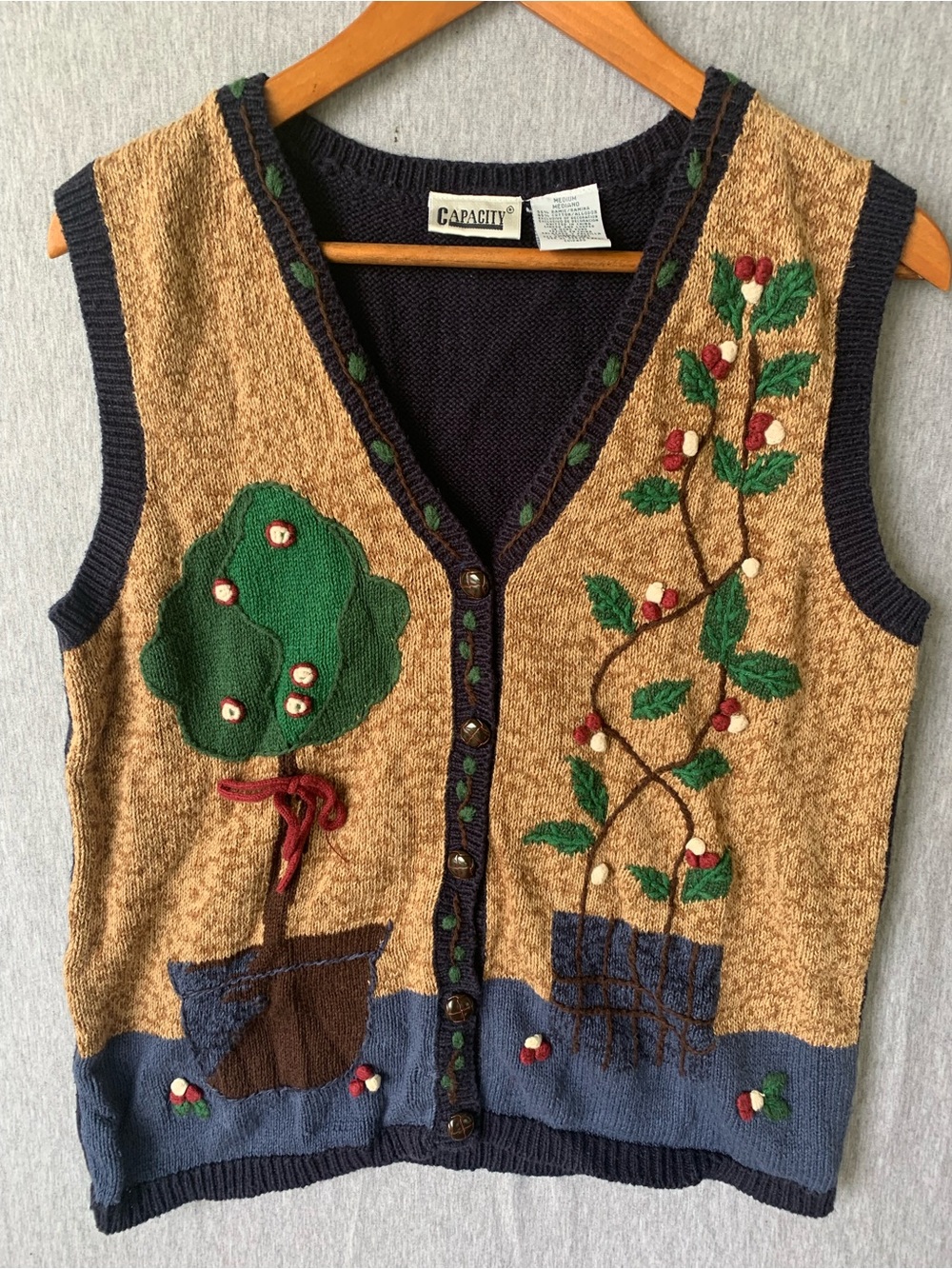 Vintage Fall Cardigan Sweater Vest 80s 90s Capacity Tag Plants Flowers